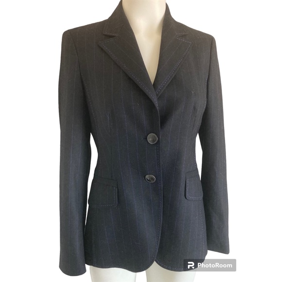 Escada Black Pinstripe 2 button Wool Blazer Jacket Sz 34 4 Excellent! - Picture 2 of 10